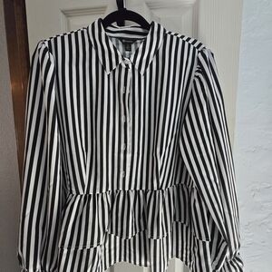 Versona Black and White Striped Peplum Button-Up Top